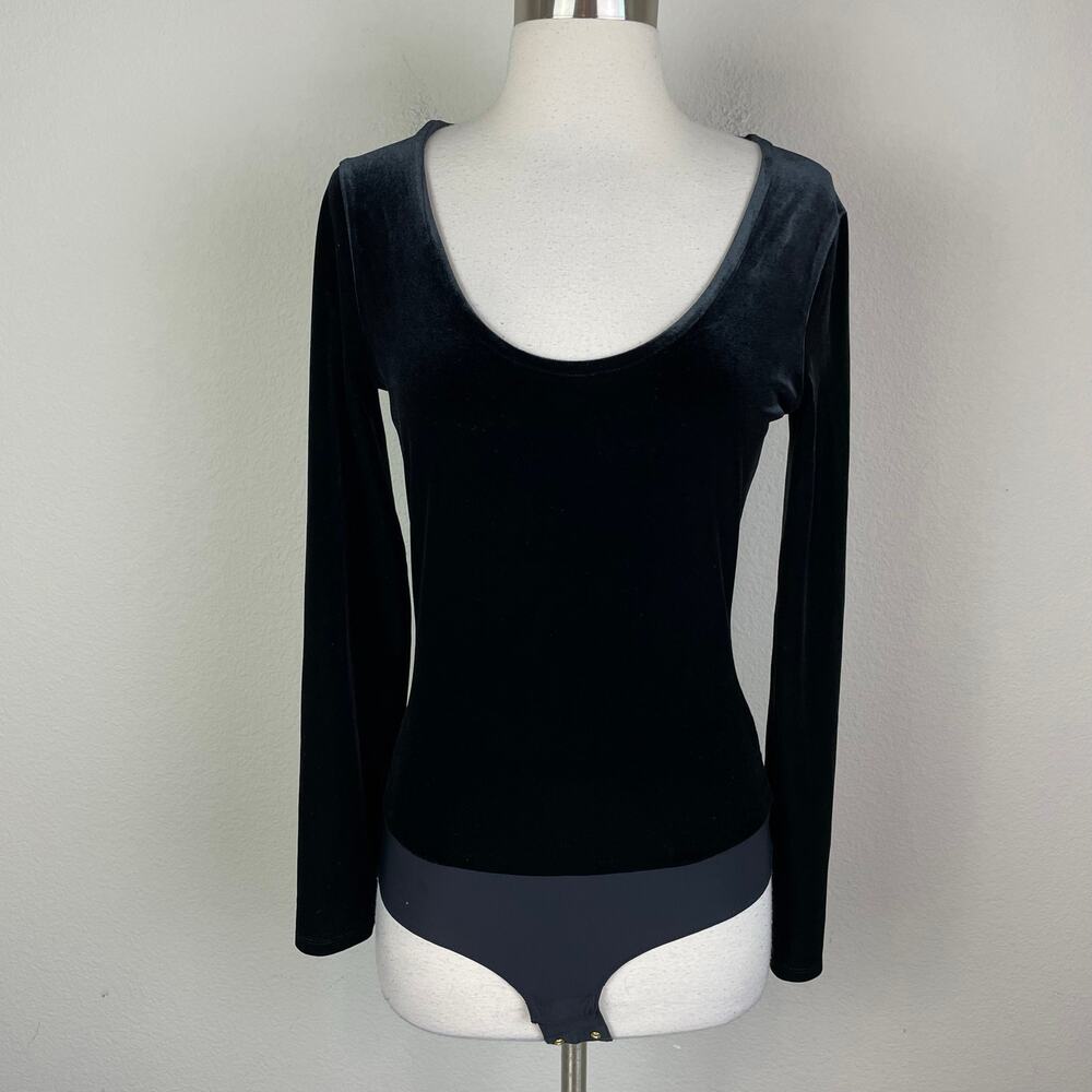J Crew Black Velvet Long Sleeve Scoop Neck Whimsigoth Bodysuit Small - Picture 2 of 7